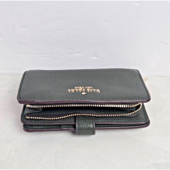 KATE SPADE LEILA MEDIUM COMPACT BIFOLD WALLET GREEN LEATHER CARD CASE ID RARE - Picture 2 of 12